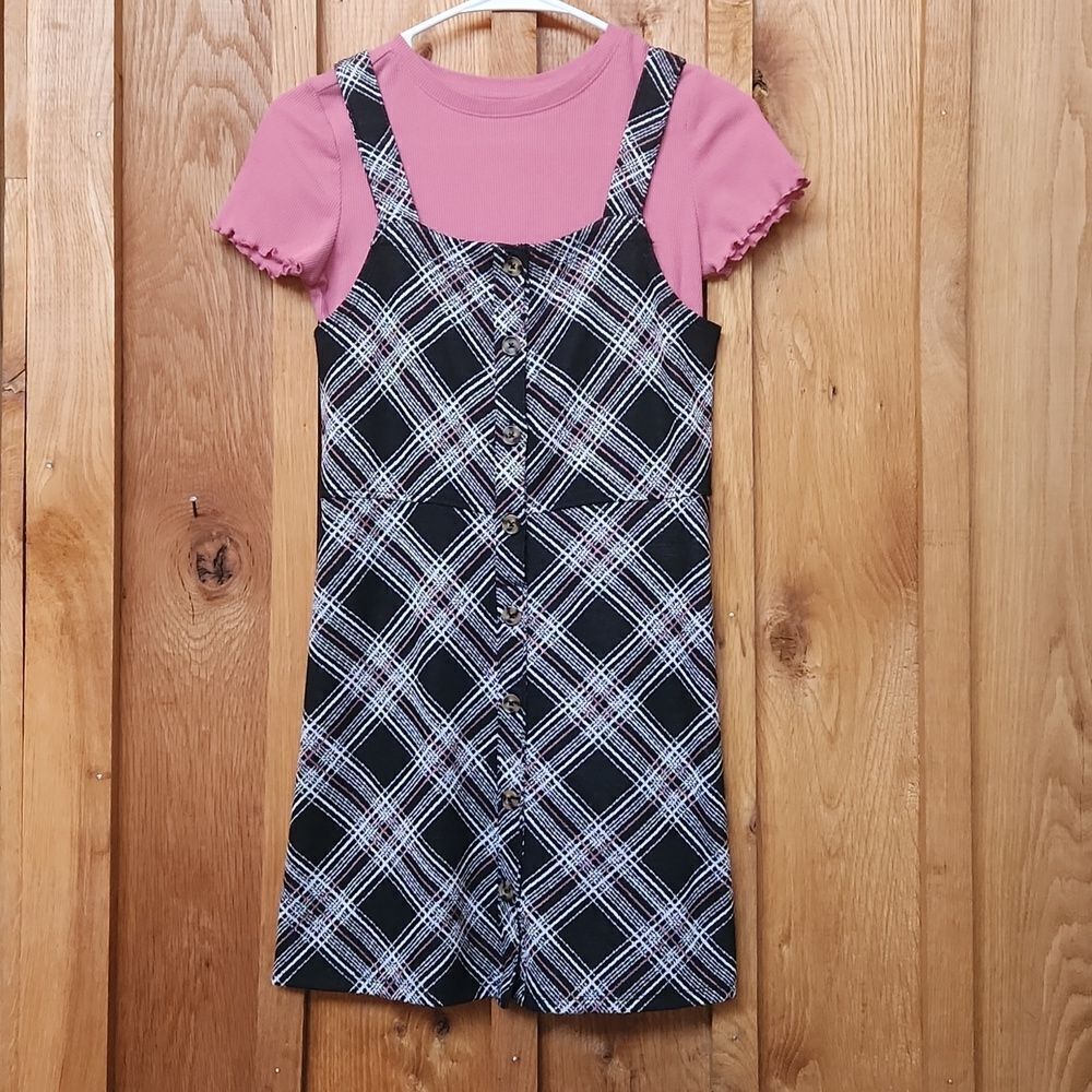 SO Kohls Short Sleeve Ribbed Shirt & Plaid Dress Large 10/12, Pink, Black, White